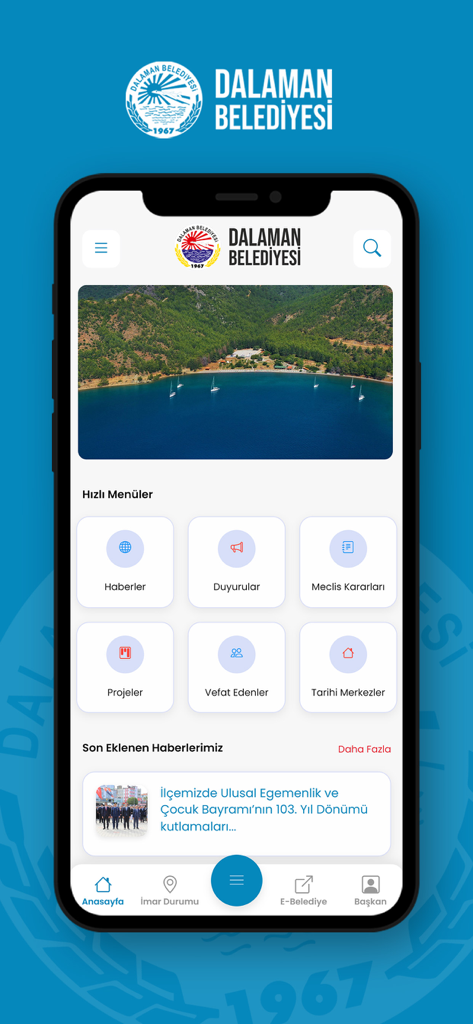 Dalaman Belediyesi - Homepage of the Dalaman Belediyesi mobile app featuring local news and municipal service icons.