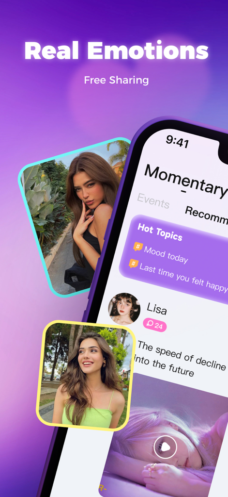 UCOO-Real-Time Voice - UCOO app interface showing photo life logs and hot topics for sharing real emotions