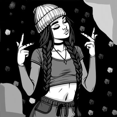 realistic teenage girl with braids and a beanie and crop top doing 🫶🏼