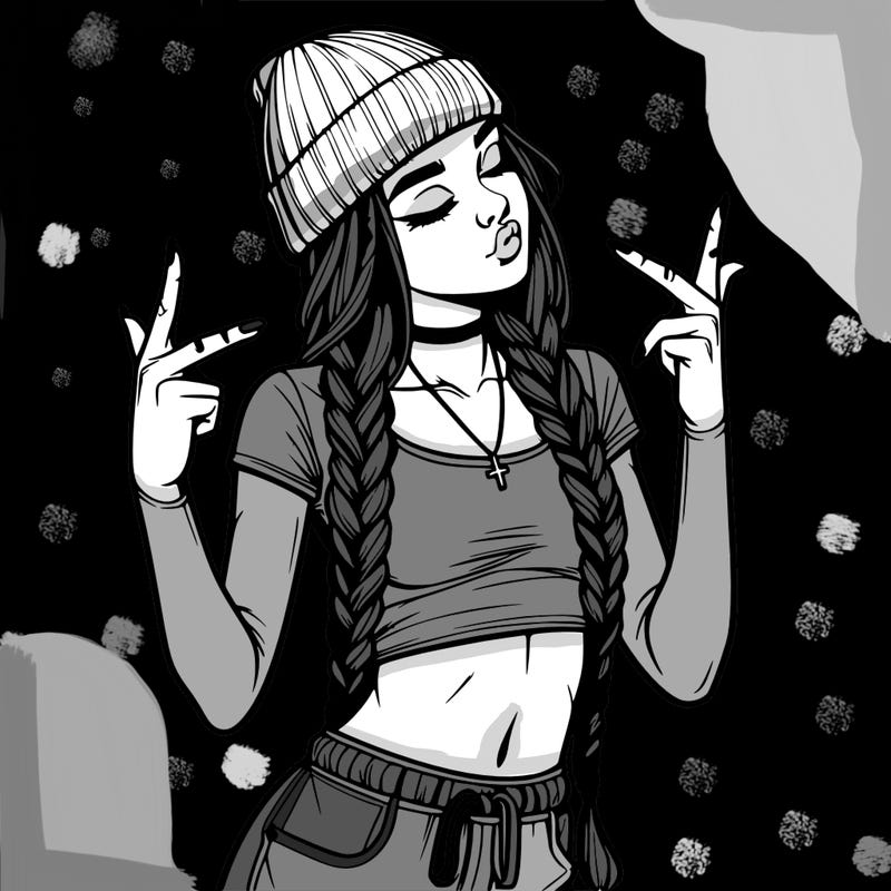 realistic teenage girl with braids and a beanie and crop top doing 🫶🏼