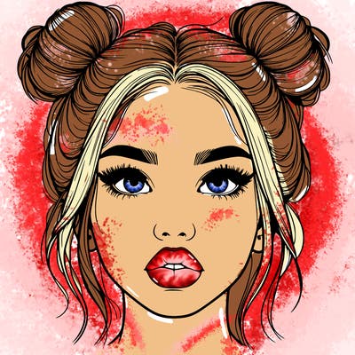 realistic girl with two buns on her hair and lips