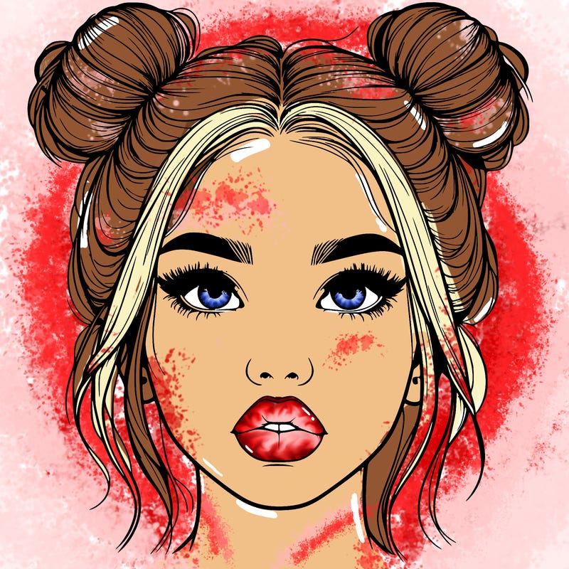 realistic girl with two buns on her hair and lips