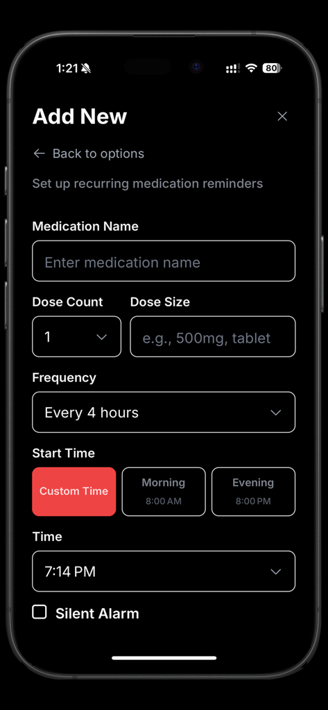 MyMed Alarms - A tela Adicionar Novo do aplicativo MyMed Alarms mostrando configurações para nome do medicamento, dose e frequência de lembrete