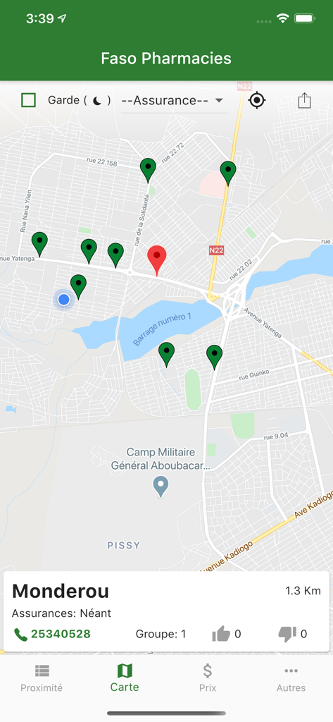 Map view of the Faso Sante app showing pharmacy locations and contact information in Burkina Faso