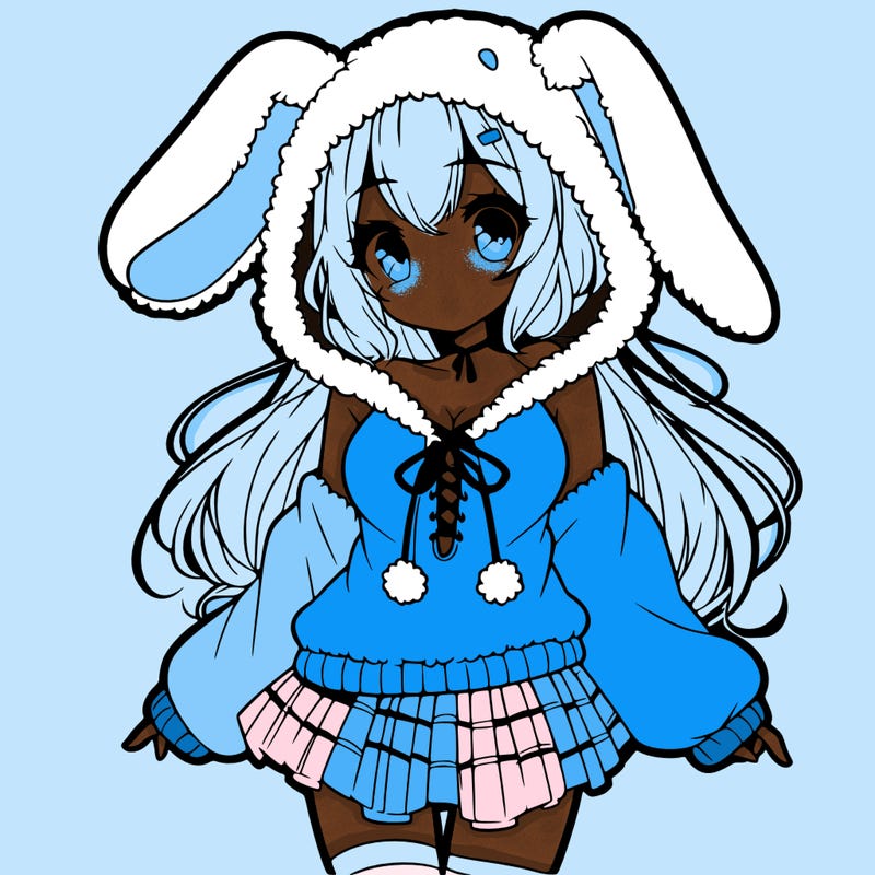 pretty anime girl wearing a fluffy hoodie with bunny ears on the hood and a skirt