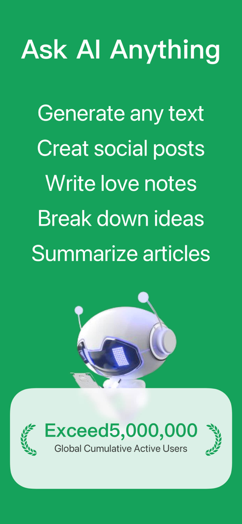 Chatbot -Ask AI Chat Assistant - Pantalla promocional de la app Chatbot destacando funciones como la generación de texto y la resumen de artículos con un hito de 5 millones de usuarios