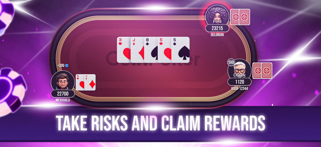 Poker Game: Texas Hold'em - テキサスホールデムポーカーゲームのインターフェース、赤いテーブルの上にコミュニティカードがあり、「Take Risks and Claim Rewards.」というスローガンが表示されています