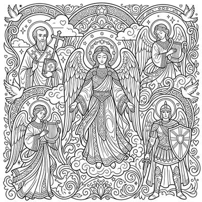 Explore a divine world with this captivating Angels & Saints coloring page, specially designed for teen artists. Its intricate details and diverse figures promise hours of engaging and creative expression.