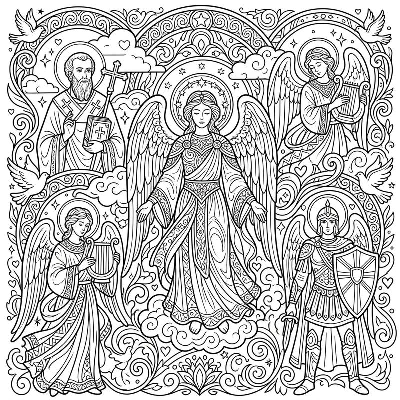 Explore a divine world with this captivating Angels & Saints coloring page, specially designed for teen artists. Its intricate details and diverse figures promise hours of engaging and creative expression.