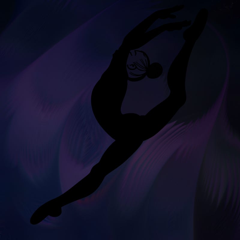 gymnast doing a leap in a leotard with a bent back leg