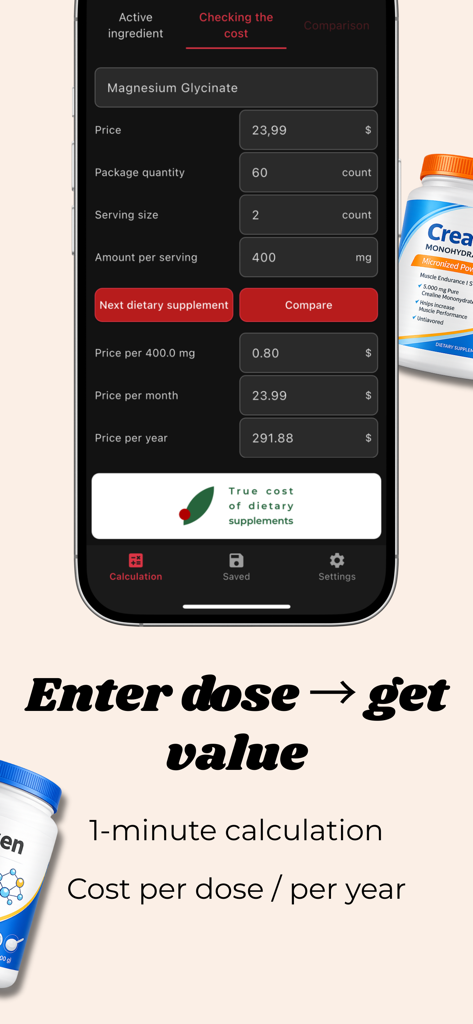 Dose Cost: Supplements - Interfaccia dell'app Dose Cost che mostra il costo per dose e la spesa annuale per un integratore di magnesio.