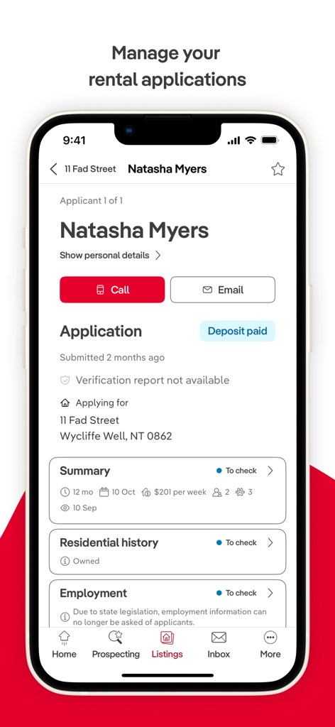 Ignite by realestate.com.au - A mobile app screen showing a rental application for a property with applicant details and status tracking