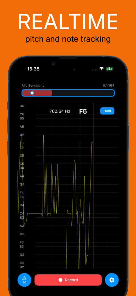 Vocal Pitch Monitor Track Note - iPhone interface of the Vocal Pitch Monitor app displaying a scrolling real-time pitch graph and musical note detection.