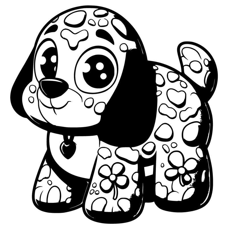 pebble is a small, gray, rock-dog toon with a textured body. he has smoothed-out sides, underbelly, and back, and his main body and tail are a dark gray, while his legs are a lighter shade of gray. pebble also has a black nose, big white eyes, and clover-like drawings on his cheeks that match the color of his legs.