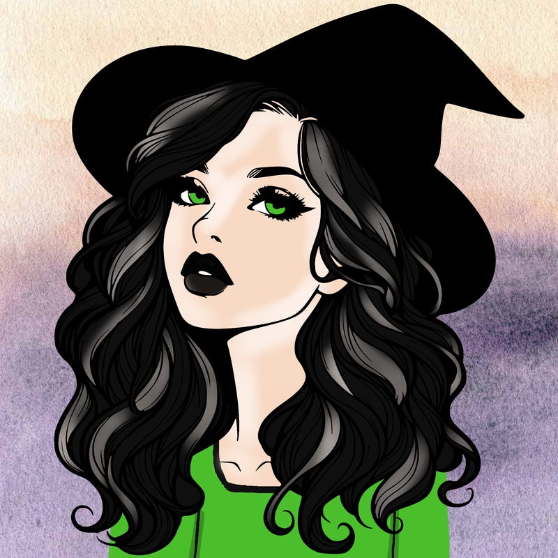 realistic witch girl with wavy hair and lips