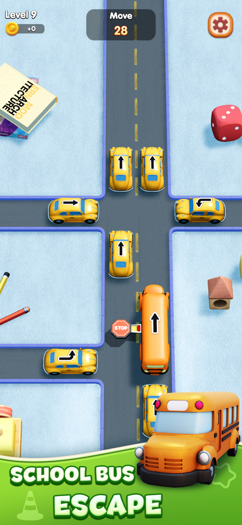 Toy Car: Traffic Jam - Toy Car Traffic Jam gameplay showing a school bus and yellow cars in a logic puzzle level.