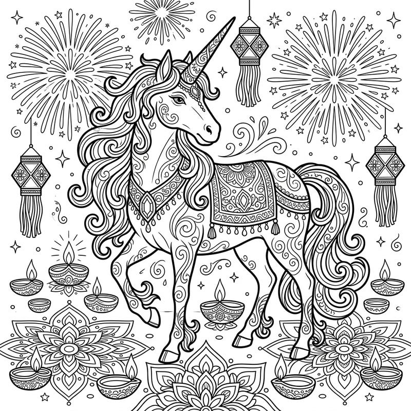 Embark on a magical coloring journey with this stunning elder unicorn, beautifully adorned for the joyous Diwali festival. This unique design blends ancient wisdom with the vibrant celebration of lights, offering an enchanting artistic escape.