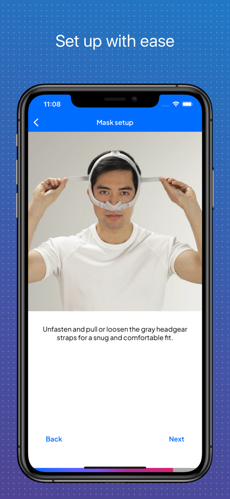 A man following the guided CPAP mask setup instructions in the myAir app