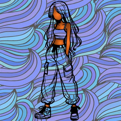 girl in baggy pants crop top and long hair