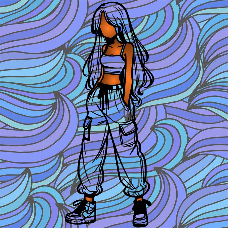 girl in baggy pants crop top and long hair