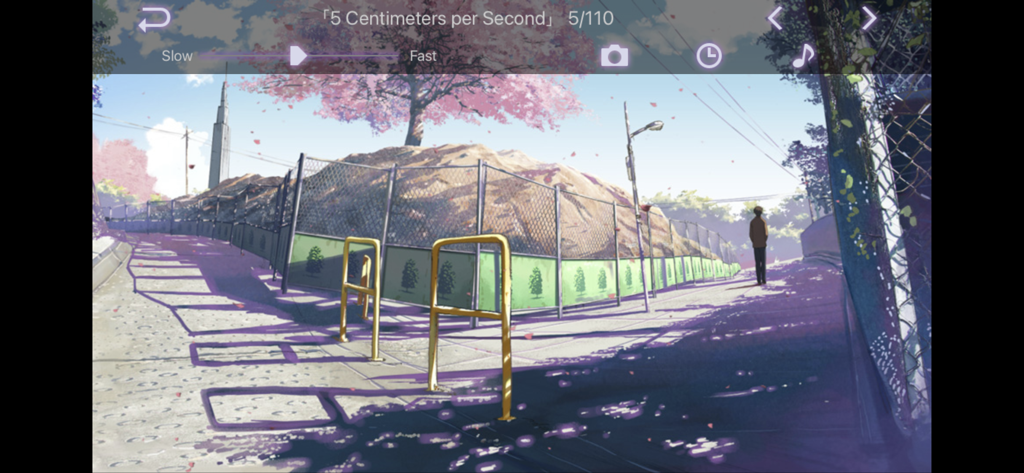 5cm per Second Film Book Ⅲ - Captura de pantalla de la aplicación 5 Centimeters per Second Film Book III mostrando un paisaje de anime con cerezos en flor y controles de navegación