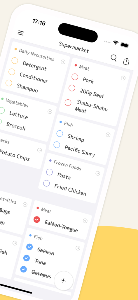 Shopii – Grocery Shopping List - Shopii 모바일 앱 화면으로 색상 코드 카테고리 태그가 있는 2단 식료품 쇼핑 목록 표시
