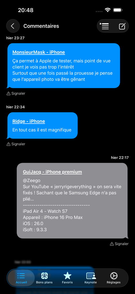 User comments section of the iSoft app featuring a discussion about Apple hardware in French.