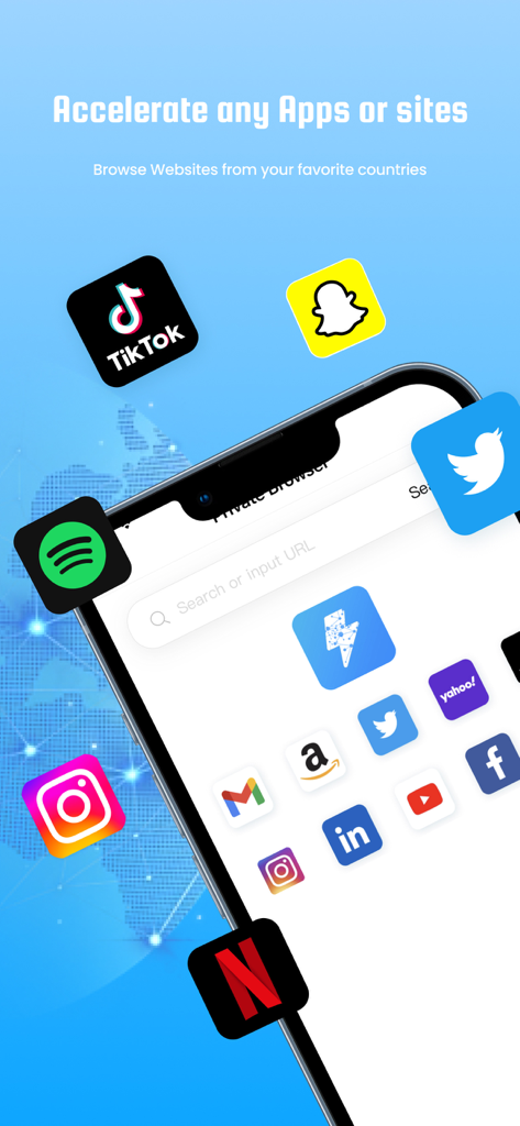 FlashVPN: Fast&Unlimited Proxy - A smartphone display showing FlashVPN accelerating popular apps like TikTok Netflix and Instagram over a world map background