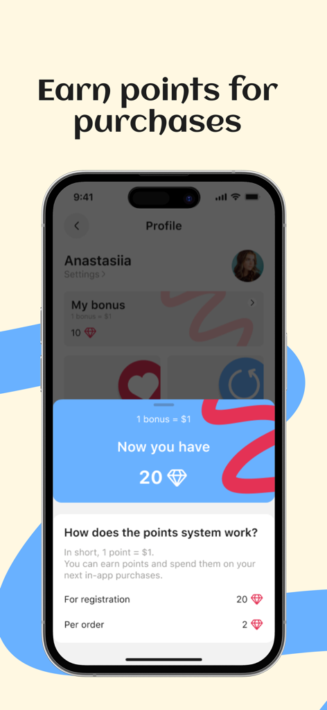 A mobile screen from the Marys Bakery app explaining how users can earn and spend reward points on cake purchases