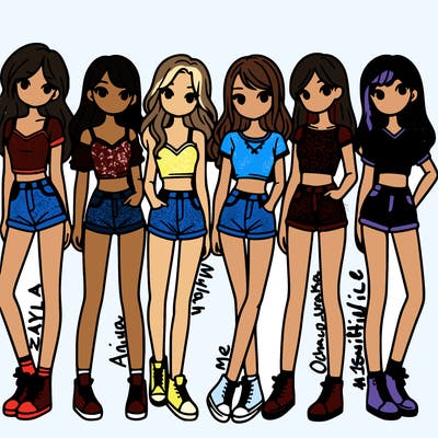 a group of girls wearing crop tops and shorts