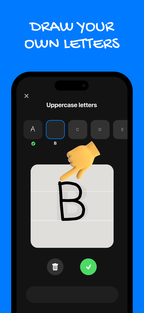 Interface of the Fontmaker app showing a user drawing the letter B to create a custom handwriting font.