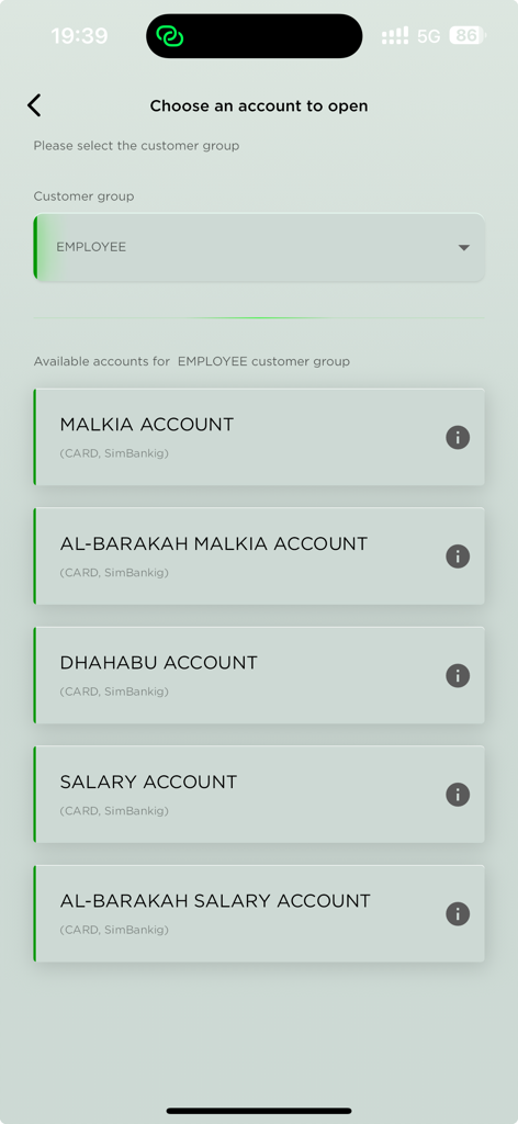 CRDB SmartBranch app screen showing available bank account options for the employee customer group
