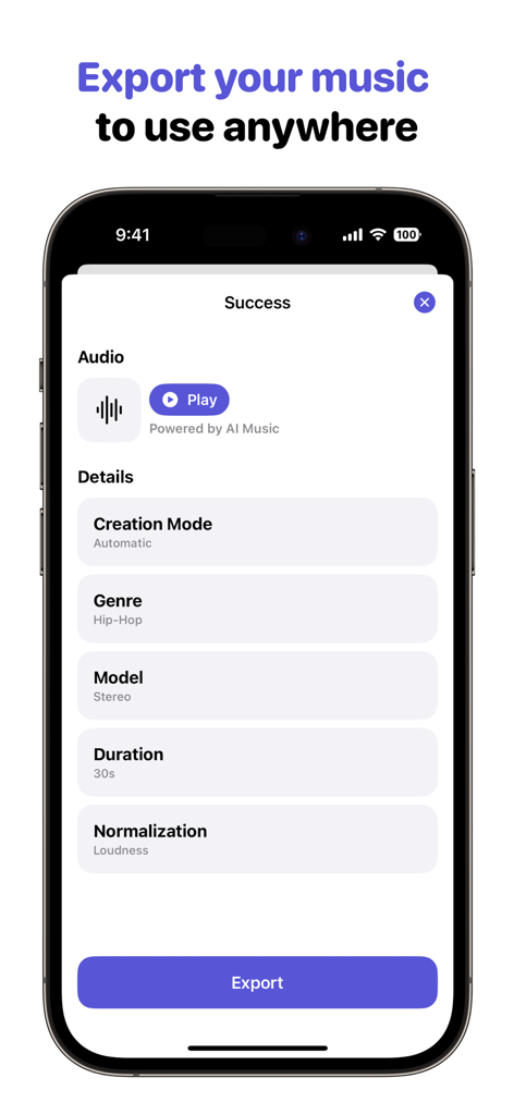 AI Music Generator, Song Maker - Screen showing a successfully generated 30-second hip-hop track in the AI Music Generator app with an export button.