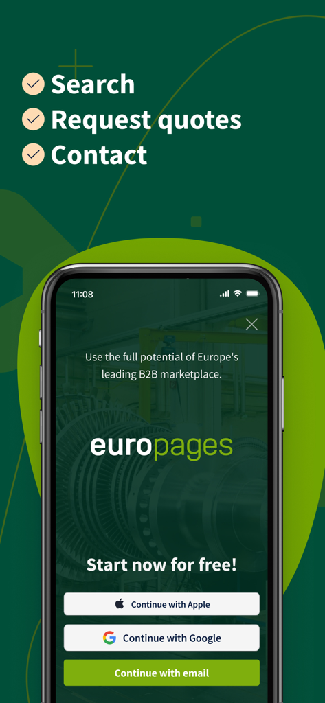 Europe's sourcing business app - Europages B2B marketplace app login screen showing search, request quotes, and contact features with social login options.