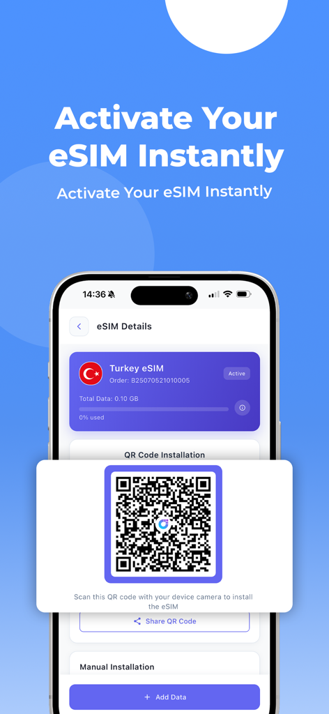 Orbit eSIM - Orbit eSIM app interface displaying a QR code for instant activation of a mobile data plan for Turkey.