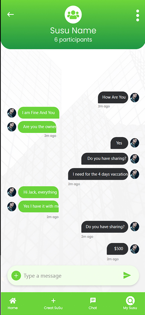 A mobile screen showing the group chat interface of the Susu-App where members coordinate savings and payments.