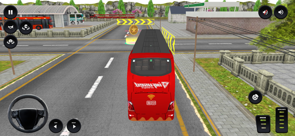 Red bus driving through a city intersection in a 3D simulation game.