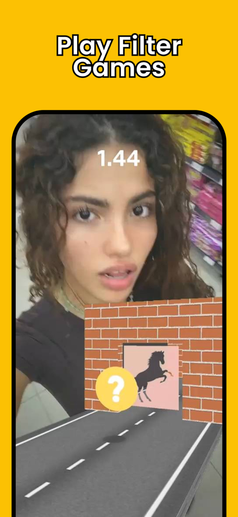 A young woman playing a viral AR filter game on the FilterTok app featuring a brick wall with a horse silhouette challenge.