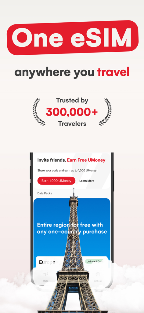 eSIM Travel SIM card: USIMS - Promoção do aplicativo móvel USIMS mostrando recursos de eSIM de viagem global confiáveis por mais de 300.000 viajantes