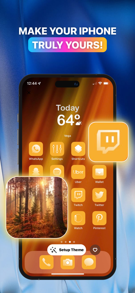 Themes Widgets & Icons by Vega - Schermata Home dell'iPhone con icone personalizzate arancioni e widget meteo creati utilizzando l'app Vega