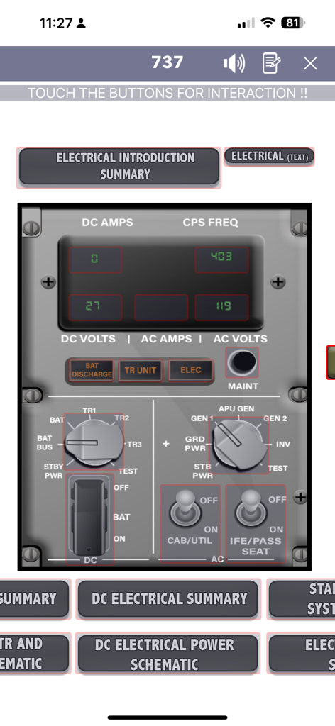 Panel eléctrico interactivo del Boeing 737 que muestra medidores de CC y CA e interruptores de alimentación para entrenamiento de pilotos