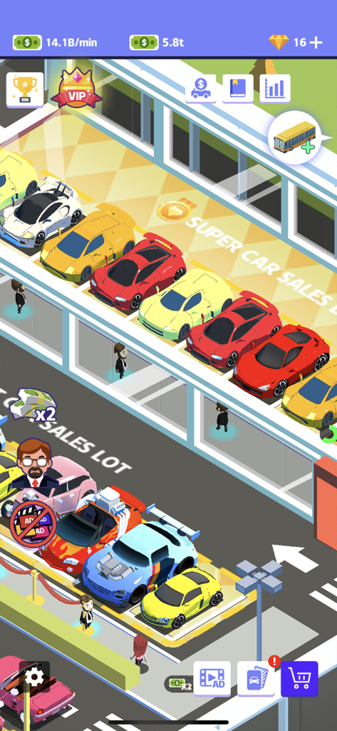 Isometric view of a car dealership showroom with various colorful sports cars and a business management user interface