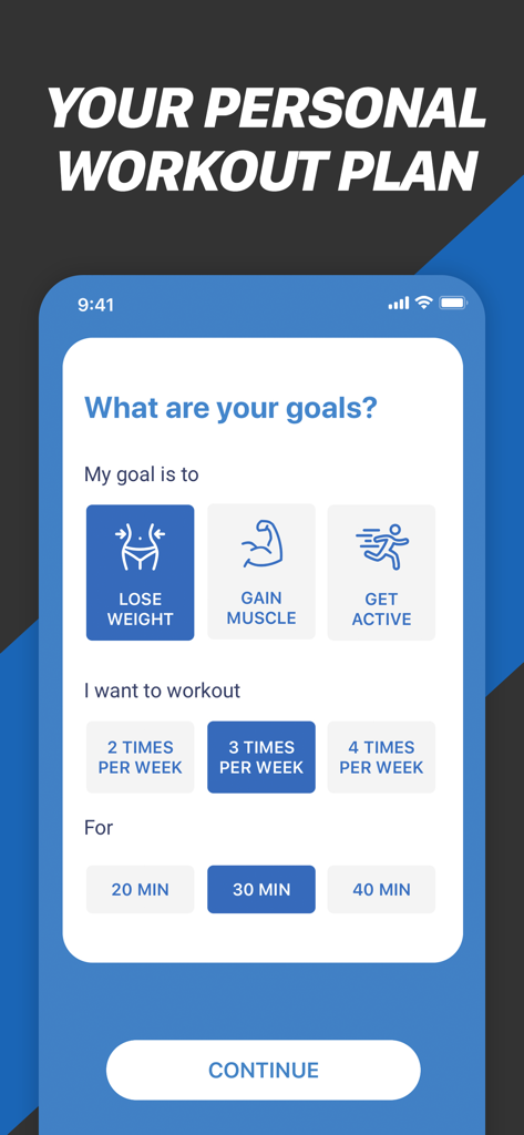 Personalized workout plan setup in the Fitness Buddy app showing goal and frequency selection options