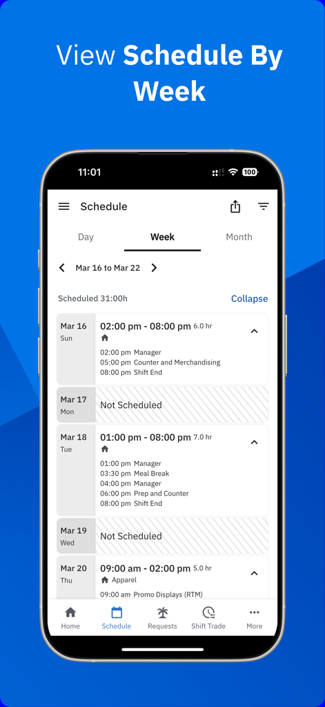 Workcloud Shift - Workcloud Shift mobile app screenshot showing a detailed weekly work schedule view with shift times and job roles