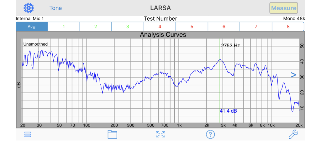 AudioToolsMax - Audio Test - AudioToolsMax app showing LARSA frequency response analysis curves graph