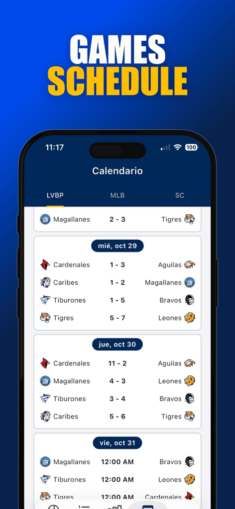 Beisbol Venezuela LVBP 2025 - Captura de pantalla de la aplicación Béisbol Venezuela mostrando el calendario de juegos de la LVBP y los resultados de los partidos