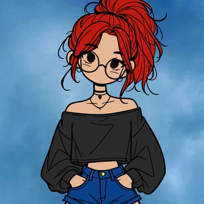 girl with a messy ponytail glasses a baggy crop top and jean shorts