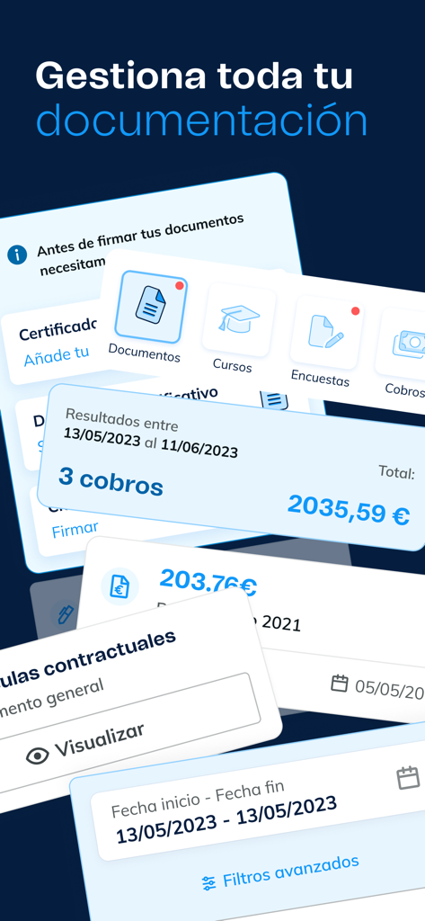 Interfaccia dell'app Eurofirms per la gestione della documentazione lavorativa e dei guadagni
