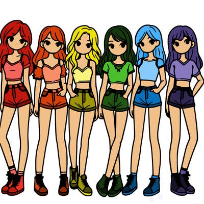a group of girls wearing crop tops and shorts