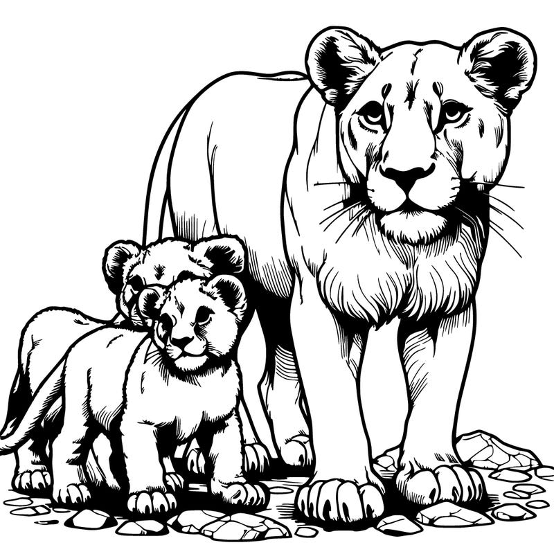 realistic lioness with two cubs